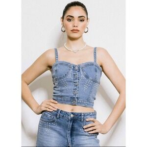 90s Style Denim Bustier Top - Metal Embellishment Club/Rave/Festival Wear
